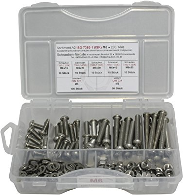 Sortiment ISO 7380-1 Edelstahl A2 Durchmeser M6, 200 Teile ; Flachrundkopfschrauben, Muttern DIN 934, Unterlegscheiben DIN 125, Material: VA V2A