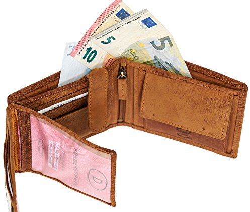 Premium Büffel-Leder Herren Brieftasche Portmonee Portemonnaie Leder-Geldbörse Herren in Querformat Echt-Leder AM-6404 (Braun)