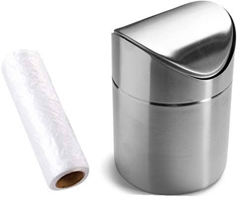 Countertop Brushed Stainless Steel Swing Lid Table Desk Car Mini Trash Can Trash Bin Set, Come with Trash Bag, 1.5 L / 0.40 Gal, 5 Color Options, Silver