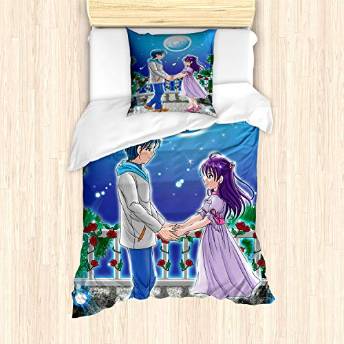 ABAKUHAUS Anime Bettbezug Set für Einzelbetten, Romantisches Manga Paar, Milbensicher Allergiker geeignet mit Kissenbezug, Blau Grau