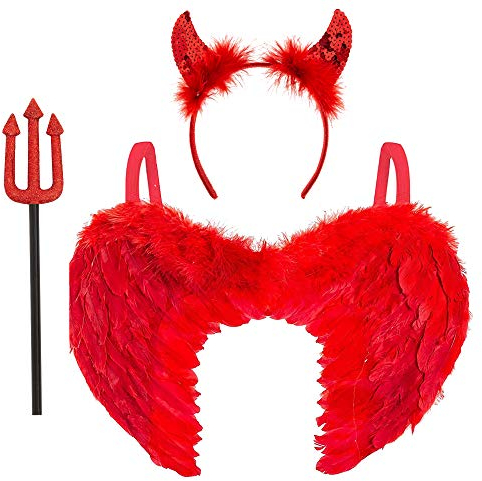 Completo 3 Pezzi da Demone per Donna – Ali Rosse fiammeggianti – Kit con Corna e tridente infernale – Bastone e Fascia con Corna – Set Accessori Travestimenti Femminili Halloween o Carnevale