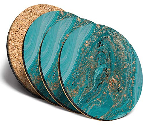 Destination Vinyl ltd 4 x Round MDF Turquoise Marble Effect Drink Glossy Coasters Teal Gold Ink Art #15196