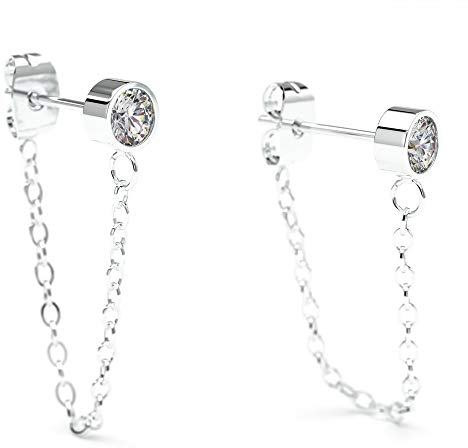 THIORA Kettenohrringe mit Steinchen | Damen | Premium Edelstahl | Zirkonia | Ohrring mit Kette (Silber)