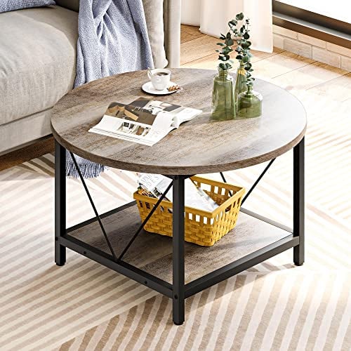YITAHOME Round Coffee Table for Living Room,80x80x46cm Retro Central Table with Storage Shelf, Industrial Modern Coffee Table with Sturdy Metal Legs Simple Center Table for Home Office