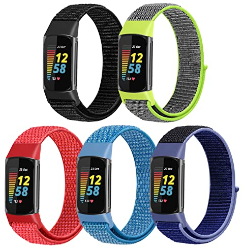 WNIPH Nylon-Schlaufen-Uhrenarmbänder, kompatibel mit Fitbit Charge 6/Charge 5, verstellbar, weich, atmungsaktiv, Sportschlaufen-Armband, Ersatzbänder für Charge 5/Charge 6, Damen und Herren, 5 Stück
