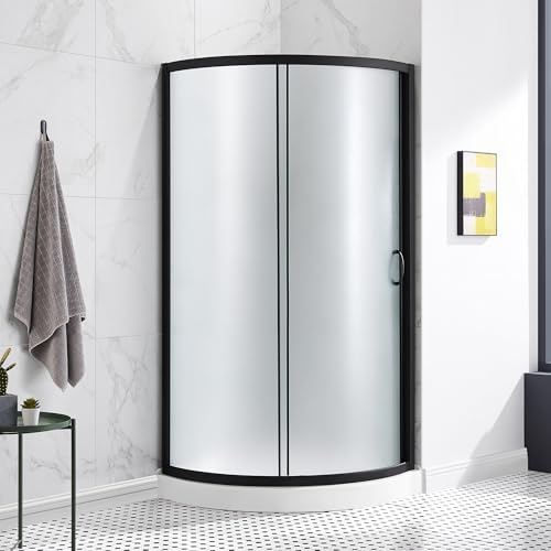 OVE Decors Breeze 32 in. Corner Shower Sliding Door, With Included Base, Frosted Glass and Black Finish