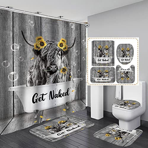 Jayden Madge Duschvorhang-Set mit lustigem Hochlandkuh, Zitat Get Naked, gelbe Sonnenblume, Land, Westernfarm, Tier, Longhorn, Rinder, Yak, rustikales Bauernhaus, Badezimmer-Dekor, rutschfeste
