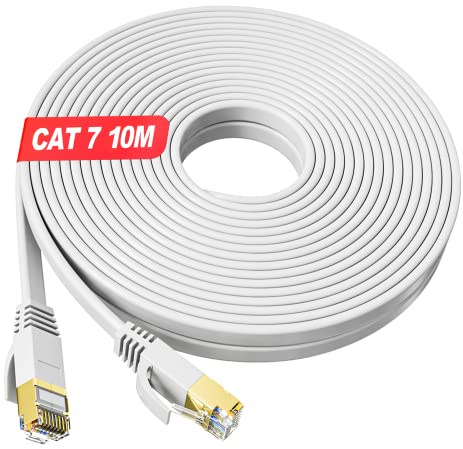 Cable Ethernet 10 Metros, Cat 7 Plano Cable De Red RJ45 Cable Network Blanco Gigabit Alta Velocidad Lan Cable 10m, 600MHZ Delgada Largo Cable Internet para Switch, Router, Módem