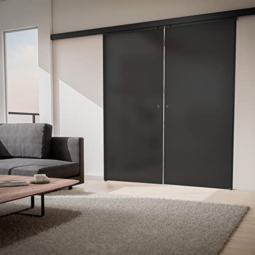 inova Glas-Schiebetür Grauglas vollsatiniert 2-Flügelig 1800 x 2035 mm schwarz Alu Komplettset mit Lauf-Schiene und Stabgriff inkl. beidseitiger Softclose
