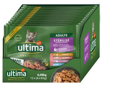 ULTIMA sachet repas Chat Stérilisé Poulet, Dinde, Saumon & Truite - 12 Multipacks x 4x85 g