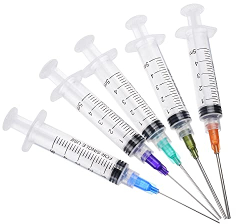 5 Stück 5 ml Tintenfüllspritze Luer-Lock-Kunststoffspritzen mit flacher 3,8 cm stumpfer Nadelspitze für flüssige Kleberöltinte