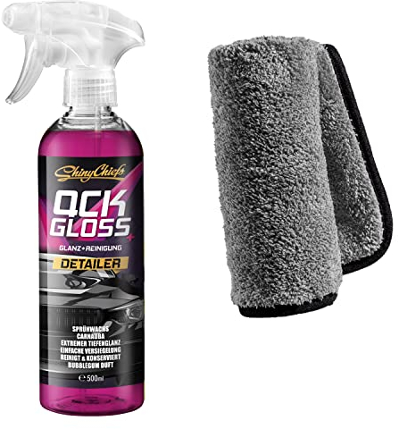 ShinyChiefs QCKGLOSS+ Sprühwachs-Set - Schnelle KFZ Glanz-Reinigung mit Carnauba Wachs - Lack-Versiegelung für Lacke, Scheiben und Chrom - 2in1 Autoreiniger-Spray-Wax 500ml und ein Mikrofasertuch