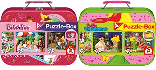 Schmidt Spiele 56509 Bibi und Tina, 4 Kinderpuzzle im Metallkoffer, 2x100 und 2x150 Teile & 55595 Bibi Blocksberg, 4 Kinderpuzzle im Metallkoffer, 2x60 und 2x100 Teile