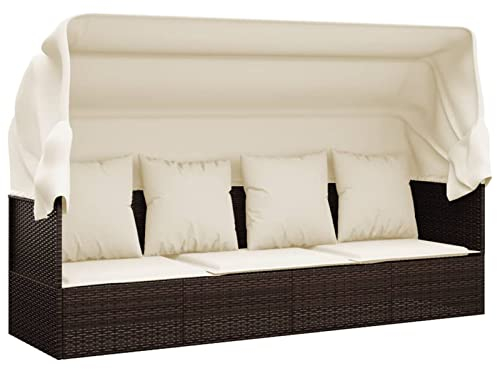 Tidyard Outdoor-Loungebett mit Dach und Kissen Sonnenliege Gartenmöbel Gartenlounge Sonneninsel Rattanbett Gartenliege Liegeinsel Outdoor Bett Strandkorb Gartenbett PE-Rattan,Braun