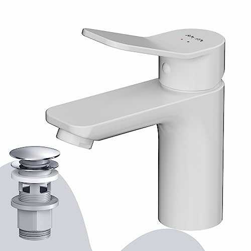 Waschtischarmatur Weiß Matt mit Klick-Ablaufgarnitur, Einhebel-Waschtischmischer Kurzer Auslauf 79mm, Mischbatterie Pop-Up Ventil, Einhebelmischer mit Ablaufgarnitur Waschbecken AM.PM X-Joy FXA82133