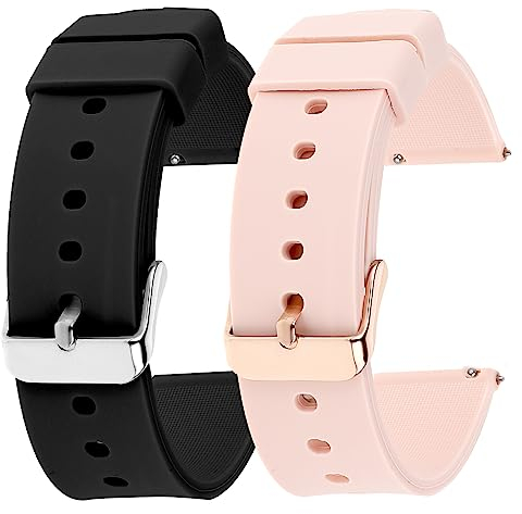cobee Lot de 2 bracelets de montre en silicone étanches à dégagement rapide avec boucle en acier inoxydable noir ou argenté compatible avec les de sport pour montre intelligente (18 mm, noir et rose)