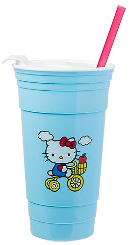 Silver Buffalo Hello Kitty Riding Gobelet en plastique avec couvercle et paille, 946 ml