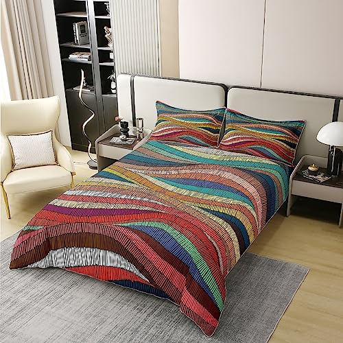 100 % Bio-Baumwolle, Boho-Bettbezug, Queen-Size-Bohemian-Wellen-Bettwäsche-Set, Regenbogen-bestickte Wellen, Bettdeckenbezug, geometrisches Tribal-Ethno-Schlafzimmer-Dekor, bunt, abstrakter Bettbezug
