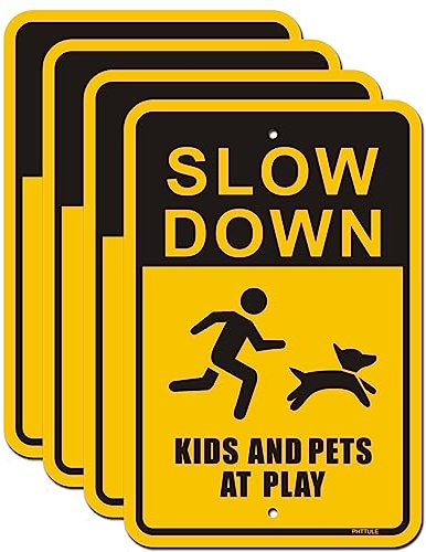 Slow Down Kids and Pets at Play Schilder, Kinder spielen Sicherheitswarnschild für Straße, reflektierendes, stabiles Aluminium, langlebige Tinte für Nachbarschaftseinfahrt oder Hof, 4 Stück