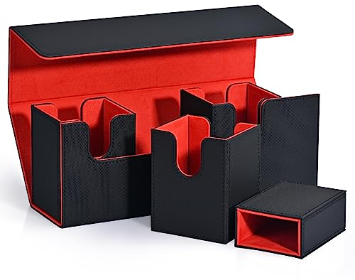 UAONO Sammelkarten Box mit Würfelablage für MTG, 4-in-1-Deckboxen für 510+ Karten, Premium-Kartenbox mit starkem Magnet zur Aufbewahrung für Magic Commander TCG CCG Karten (Schwarz und Rot