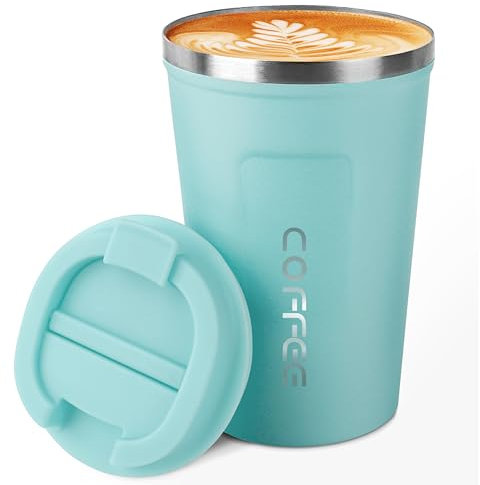 MOMSIV Coffee Cup, 380ml Vacuum Reusable Leakproof Double Wall Coffee Cup, Insulation Stainless Steel Eco-Friendly Travel Office Mug for Hot Coffee Tea and Cold Drinks, Lightblue