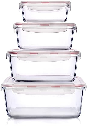 HUSANMP Lot de 4 Récipient Boîtes Alimentaire en Verre Extra large, Récipients de stockage en verre avec couvercles, Boîte de rangement hermétique sans BPA pour. (Rectangulaire & Orange)
