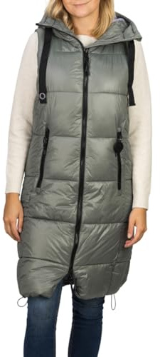 DENIMFY Steppweste Damen lang mit Kapuze Regular Fit DFCaro Weste Knielang Outdoor Reißverschluss Taschen Herbst Winter Beige Schwarz Grün S M L XL XXL