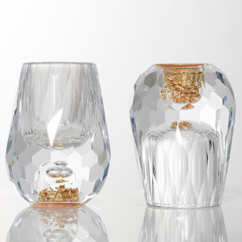 SIYOUKI Crystal Shot Glasses 0.5oz Set ，Decorated With 24K Gold Leaf Flakes, Lead-Free,Handmade Set Suitable For MaoTai,Spirits,Drinks Tastin, Gift-Box Packaging (Diamond-2PCS)