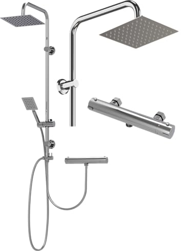 Granitan Duscharmatur Komplettset - Silber Duschstange mit Regendusche mit Armatur - Robust Duschsystem - Duschstange mit Brause Quadrat - RIPON Duschsystem mit Thermostat