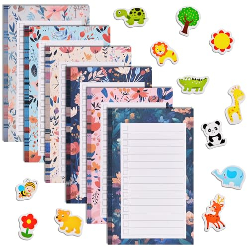 AUAUY Magnetische Notizblöcke, 6 Stück Mittlere Einkaufsliste Magnetisch Kühlschrank mit 12 Tiermagnete, To Do Listen Block, Notizblöcke, Todo Liste, Einkaufszettel Block, Notizblock-50 Blatt/Block