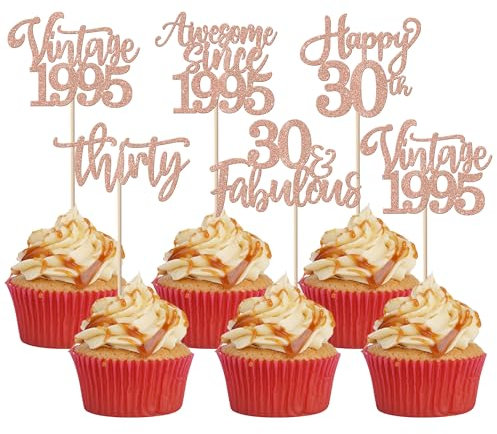 30 Stück Vintage 1995 Tortendeko Glitzer Happy 30th Thirty Awesome Since 1995 Cupcake Toppers 30 Fabulous Kuchen Deko für 30. Geburtstag Hochzeitstag Party Kuchen Dekorationen Rosegold