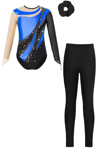 Alvivi Mädchen Turnanzug Langarm Gymnastikanzug mit Hose Haarband Patchwork Ballettanzug Trikotanzug Akrobatik Anzug Eislaufen Tanzkostüm Royal Blau&Schwarz 146-152