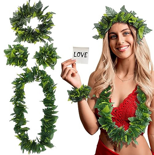 MAGICLULU Grüne Hawaiianische Partygirlande: 4 Stück In 1 Set Künstliche Blätter Haarband Lebensechte Blätter Armband Halsschlaufe Mädchenkostüm Tropischer Strand Luau-Partyzubehör