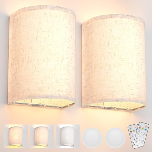 LABOREDUCER Lampada da parete ricaricabile magnetica senza fili lampada RGB colori dimmerabile con tessuto lino ombra e telecomando, decorazione illuminazione set da 2 per camera da letto soggiorno