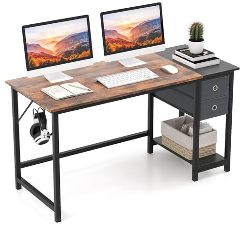 CASART Wooden Computer Desk, Industrial Writing Table with Drawers, Storage Shelf & Headphone Hook, Home Office Study Desk PC Laptop Table for Bedroom Study Living Room (140 x 60 x 75cm)