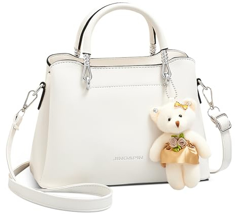 DORRISO Elegant Damen Klein Henkeltasche Mode Umhängetasche Handtasche mit Niedlichem Bären-Anhänger Schultertasche für Reise Einkaufen Arbeit Urlaub Business PU Leder Frauen Tasche Tote Weiß