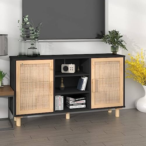 HETFTJN Sideboard, Besenschrank Wäscheschrank Kücheninsel Highboard Geeignet für Entrance Küchenzeile Dorm Wohnzimmer Schwarz 105x30x60 cm Massivholz Kiefer Natur-Rattan