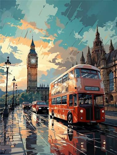 Bus Diamond Painting, 5D Big Ben Diamond Painting Erwachsene, DIY Diamant Painting Bilder mit Full Diamond Painting Zubehör Stickerei Kunst Set für Zimmer Deko Wohnzimmer, Geschenke für Frauen 30x40cm