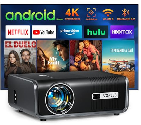 Smart Beamer【Integrierte Apps/Autofokus Keystone 】 Full HD 1080P 28000L Beamer 4K Unterstützung, VOPLLS WIFI6 Bluetooth Heimkino Video/Outdoor Beamer für Android/iPhone/PS5 Handy Projektor mit Stativ
