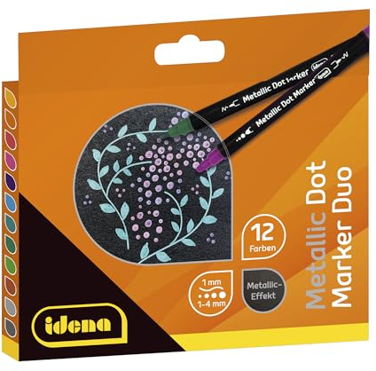 Idena 10855 - Dot Marker mit Doppelspitze, 12 Filzstifte in Metallic-Farben, wasserfeste Stifte für viele Untergründe