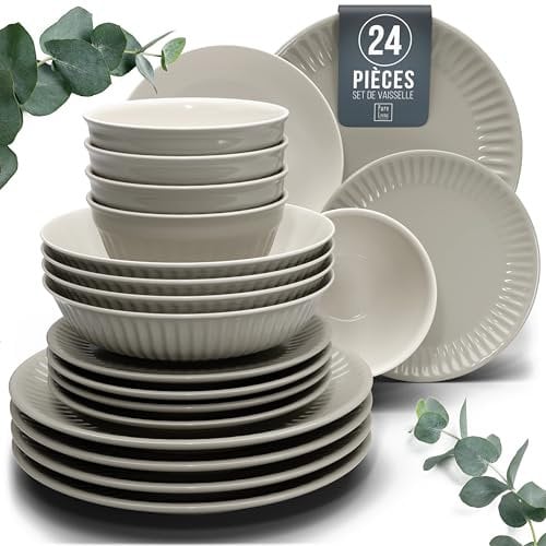 24-Piece Dinnerware Set Hygge Series - Bowl and Plate Set - Stoneware Dining Set for 6 People - Dishwasher and Microwave Safe - Grooved Dining Service in Light Brown
