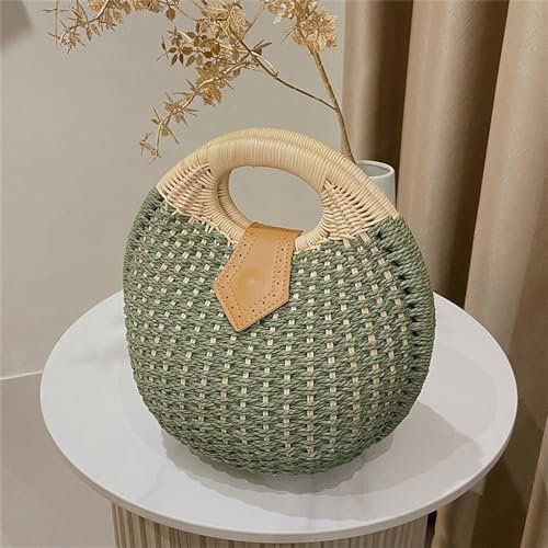 LVUNZJCA Sac en Paille pour Femme Sac Femme Petit Sac Rond Bord de mer Vacances Sac à Main rotin Pochette en Paille(Vert)
