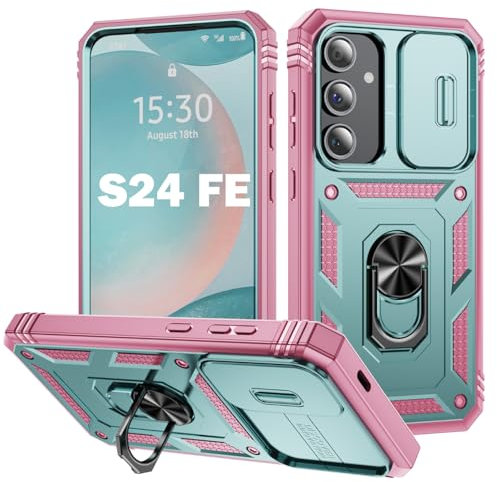 PASNEW Coque pour Samsung Galaxy S24FE – Joli étui de protection militaire multicouche robuste et résistant aux chocs pour appareil photo et béquille magnétique, 17 cm, vert rose