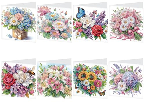 8 Packs Diamond Art Painting Greeting Card Kit Diamond Art Greeting Cards Special Shaped Diamond Painting Greeting Card Arts Crafts for Christmas Birthday Thanksgiving Day Holiday (Flowers 30x15cm)