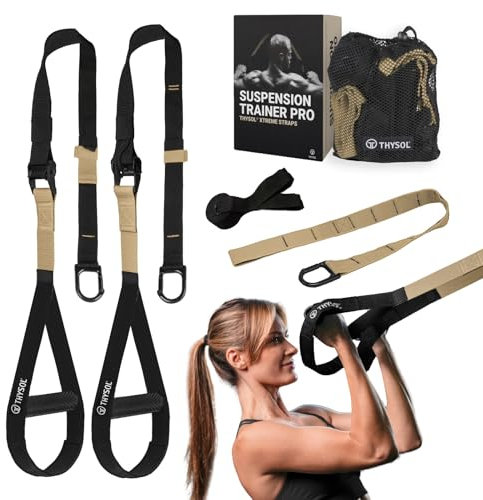 THYSOL Correas de entrenamiento en suspensión Xtreme Straps | Set con Anclaje Ajustable | Fitness en Casa - Adecuado para Viajar y Entrenar en Interiores y Exteriores (Beige)