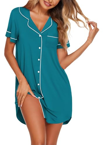 Ekouaer Nighties for Women Button Down Nightdress, 10-Teal, M