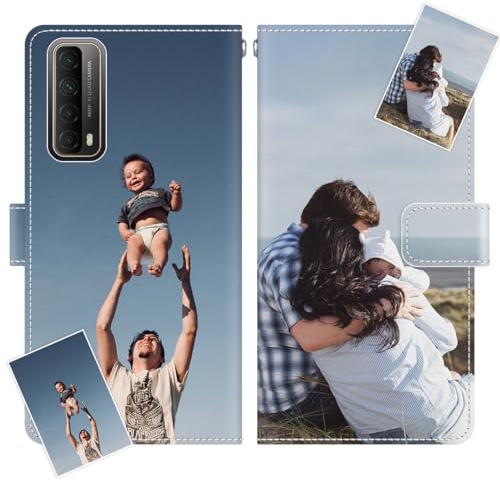 JGOYGYI Personalisierte Leder Handyhülle kompatibel mit Huawei P smart 2021,Individuelle Eigenem Foto Bild Text Bildern Foldable Flip Klapphüllen Case hülle+Handykette