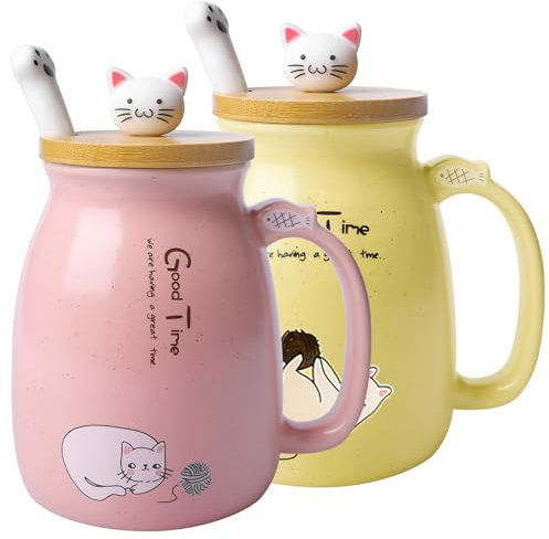 Juego de 2 tazas de café de cerámica con tapa kawaii y cuchara, juego de tazas de café con diseño de gato para amantes de los gatos y niñas (amarillo + rosa)