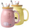 2 Pack Cute Cat Mugs, Cute Cat Tea Cup Ceramic Coffee Mug with Kawaii Lid and Spoon, Cat Coffee Cup Set Cat Gift Mug for Cat Lovers Girls (Yellow+Pink))