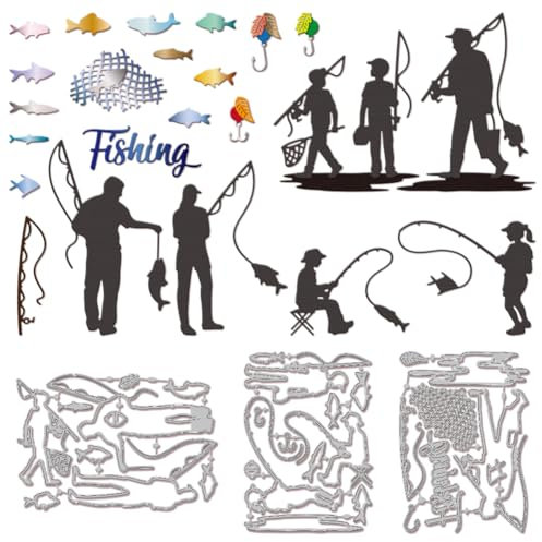 GLOBLELAND Sommer Familie Angeln Metall Stanzschablone Verschiedene Fisch Papierpräge Stanzschablonen Set Fischernetz Hintergrund Stanzformen für Kartenherstellung Papier Scrapbooking Handgefertigtes